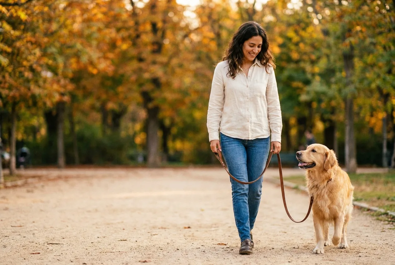 Mujer paseando tranquila con su perro y la correa floja