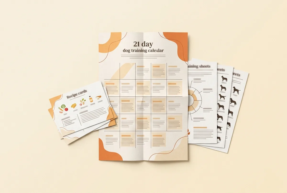 Calendario de 21 días, recetas, fichas por raza, glosario y hoja de seguimiento incluidos como bonos