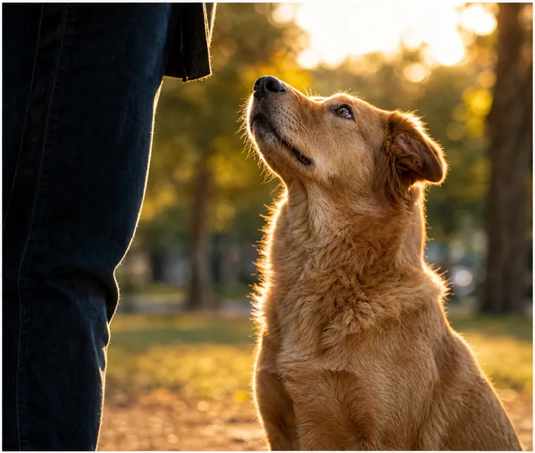 Perro mirando hacia arriba atento